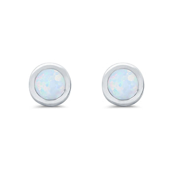 Solitaire Bezel Stud Earrings Round Lab Created White Opal 925 Sterling Silver(0.25mm)